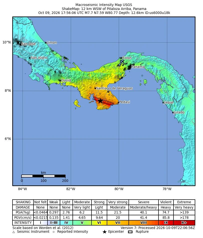 USGS ShakeMap of the magnitude 7.7 Panama earthquake, showing the strongest shaking around the Azuero Peninsula